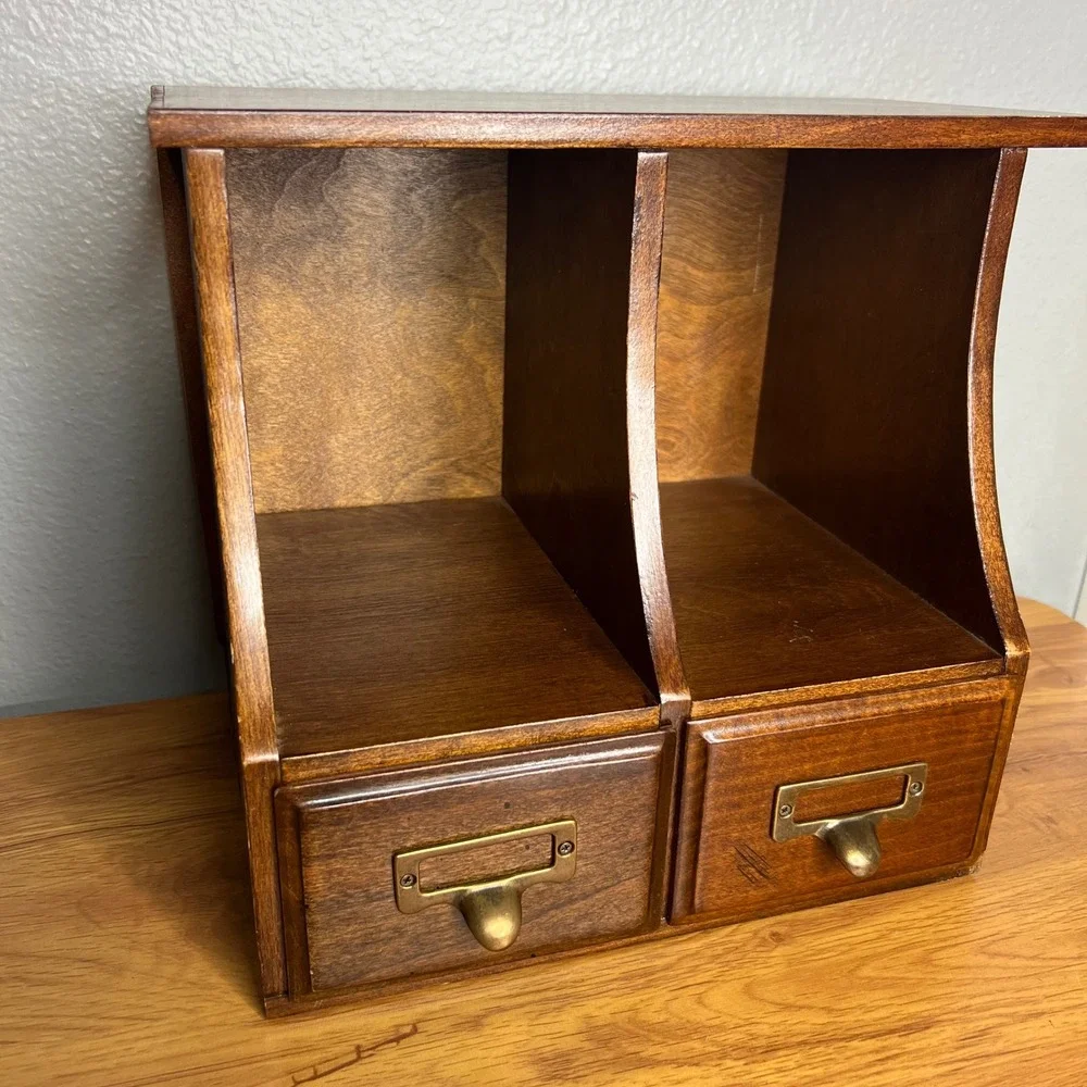Vintage 2 Drawer Desktop Organizer w/ File Drawers Wooden Library Rustic 10.25